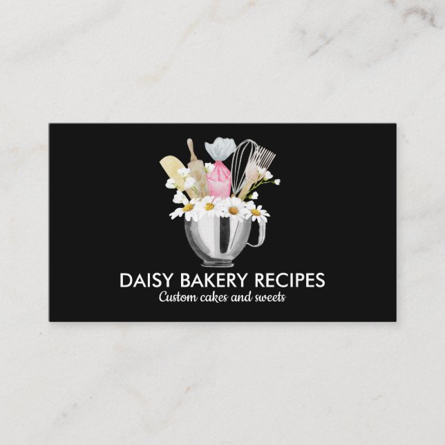 Black White Daisy Flowers Bakery Verktyg Design Visitkort (Framsida)