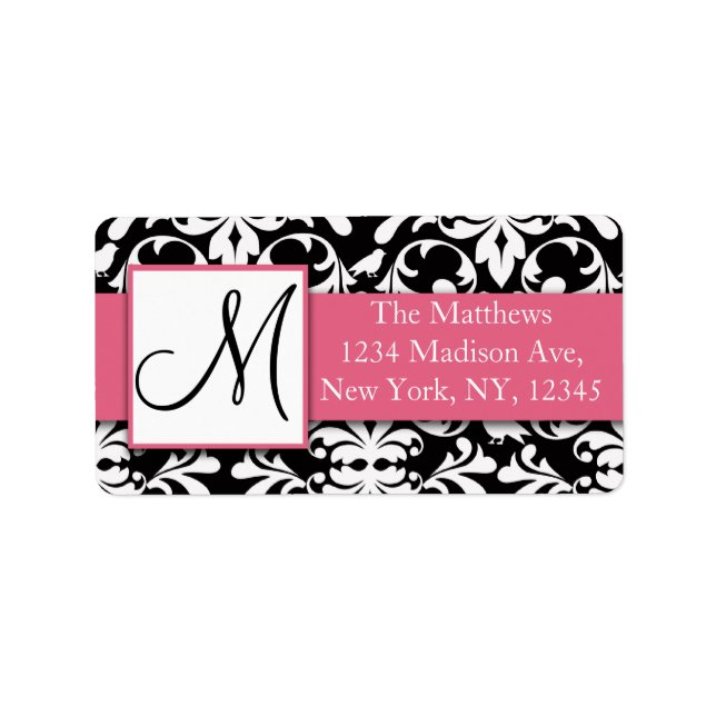 Black White Damask Birds Rosa Address Label Adressetikett (Framsidan)