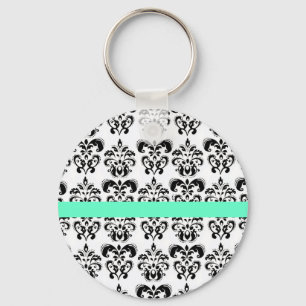 BLACK WHITE DAMASK BLOMMIGT AQUA BLUE TEAL RAND NYCKELRING