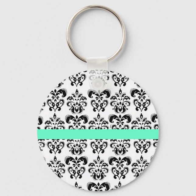 BLACK WHITE DAMASK BLOMMIGT AQUA BLUE TEAL RAND NYCKELRING (Framsida)