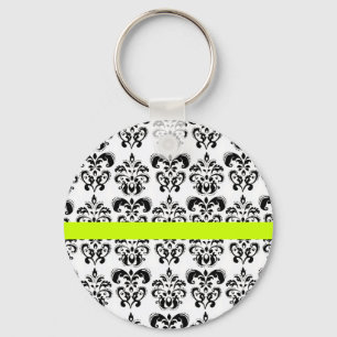 BLACK WHITE DAMASK BLOMMIGT GRÖNT GULT RAND NYCKELRING