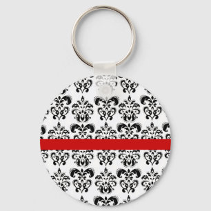 BLACK WHITE DAMASK BLOMMIGT RED RAND NYCKELRING