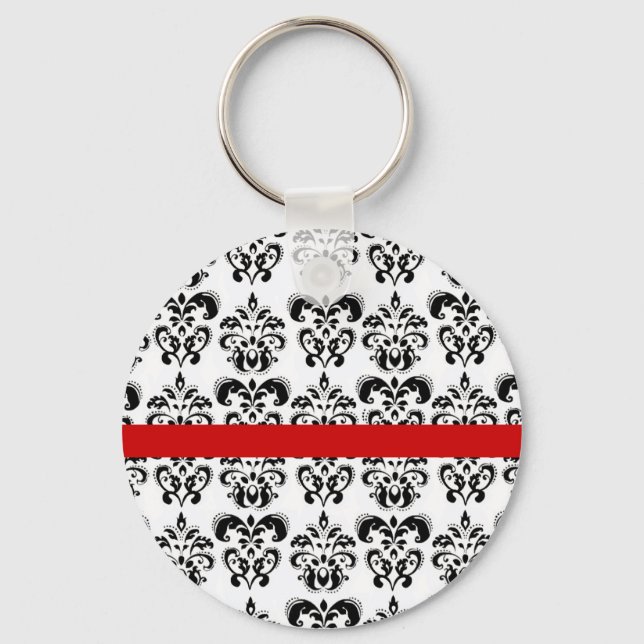 BLACK WHITE DAMASK BLOMMIGT RED RAND NYCKELRING (Framsida)
