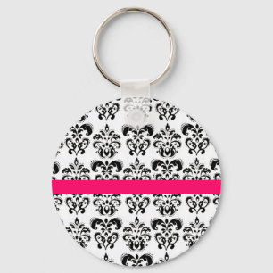 BLACK WHITE DAMASK BLOMMIGT ROSA FUCHSIA RAND NYCKELRING