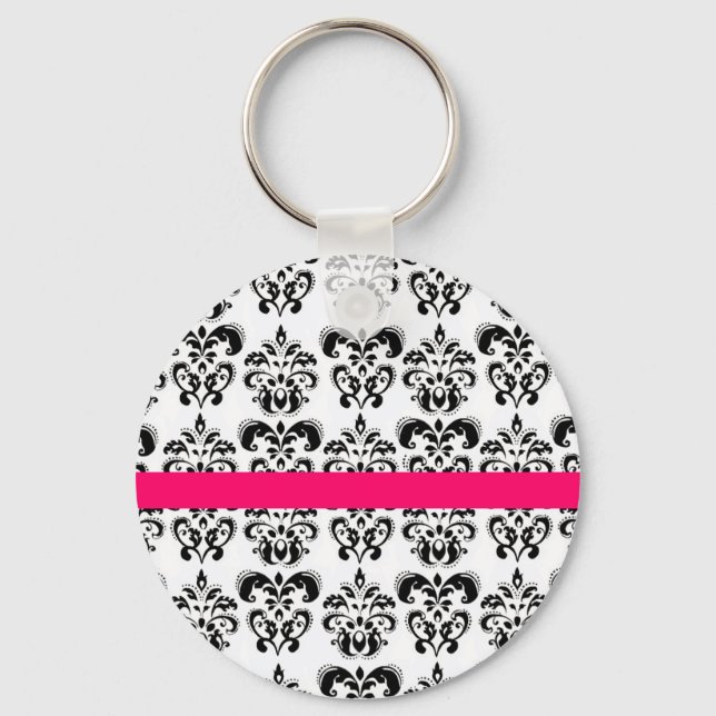 BLACK WHITE DAMASK BLOMMIGT ROSA FUCHSIA RAND NYCKELRING (Framsida)