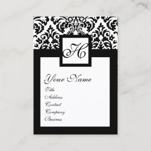 BLACK WHITE DAMASK BLOMMIGT SQUARE MONOGRAM VISITKORT