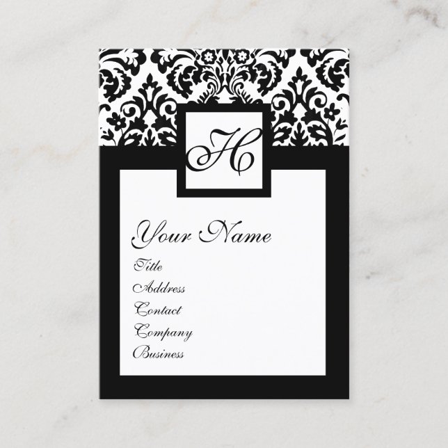 BLACK WHITE DAMASK BLOMMIGT SQUARE MONOGRAM VISITKORT (Framsida)