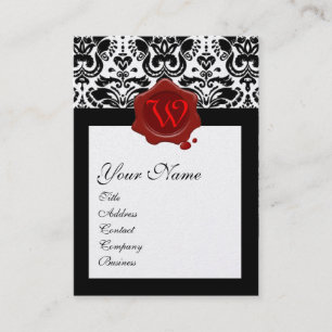 BLACK WHITE DAMASK CARNATIOS RED VAX SEAL MONOGRAM VISITKORT