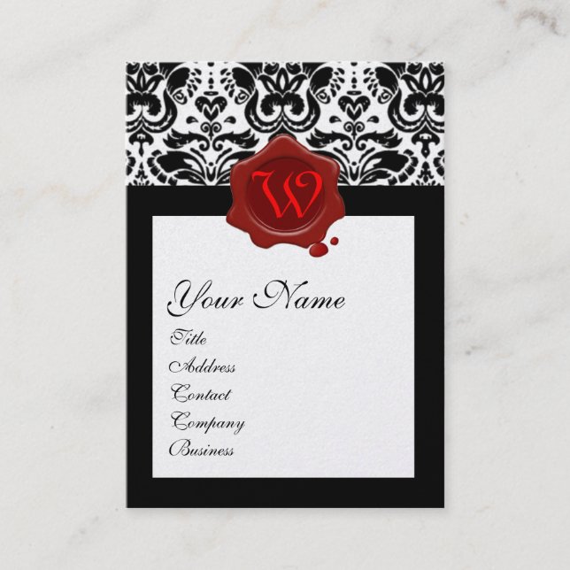BLACK WHITE DAMASK CARNATIOS RED VAX SEAL MONOGRAM VISITKORT (Framsida)