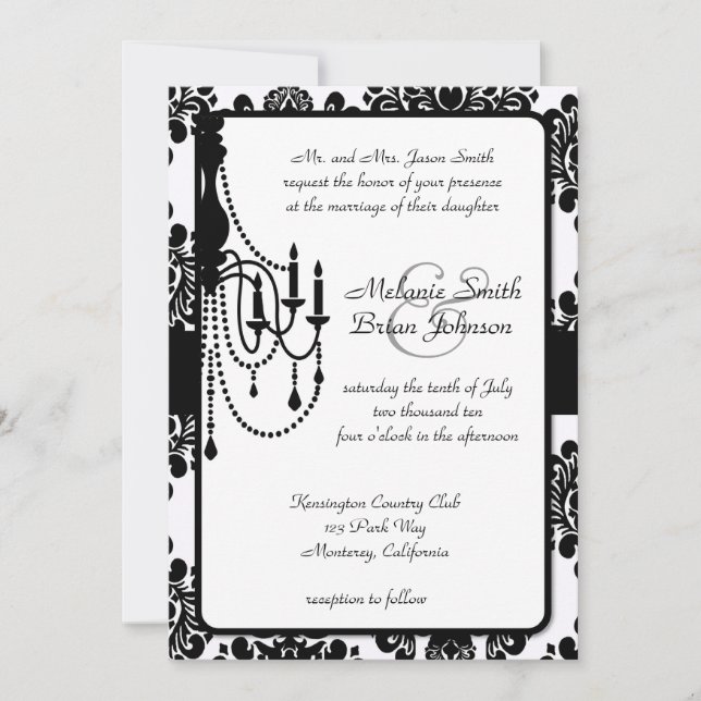 Black White Damask Chandelier Inbjudningar (Framsida)