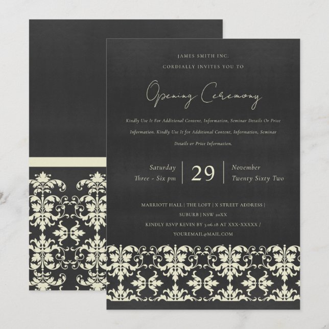 BLACK WHITE DAMASK CLASSIC GRAND OPENENING CEREMON INBJUDNINGAR (Fram/baksida)