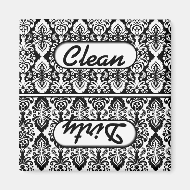 Black White Damask Clean Dirty Dishwasher Magnet (Framsidan)