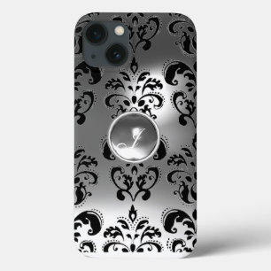 BLACK WHITE DAMASK GEM MONOGRAM