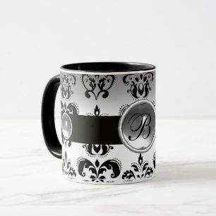 BLACK WHITE DAMASK GEMSTONE MONOGRAM MUGG