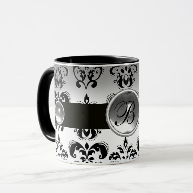 BLACK WHITE DAMASK GEMSTONE MONOGRAM MUGG (Framsida vänster)