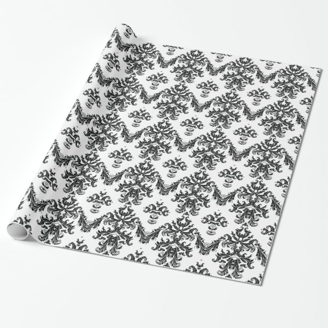 Black White Damask Gift Wrapping Papper Black Presentpapper (Utrullad)