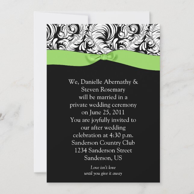 Black White Damask Lime Ribbon Post Bröllop Invita Inbjudningar (Framsida)