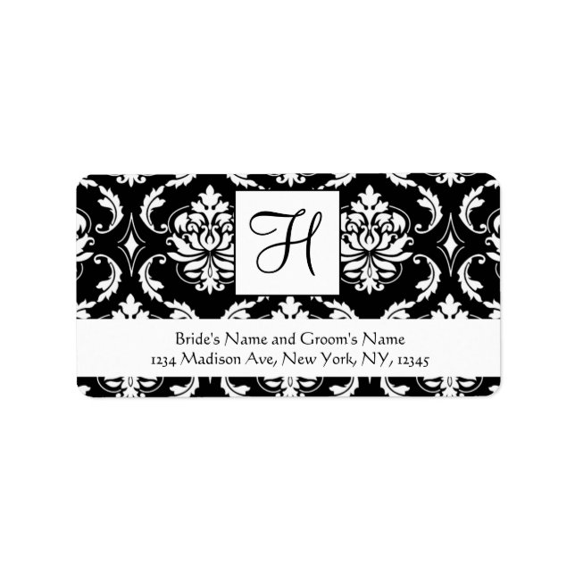 Black White Damask Monogram Bröllop Adressetikette Adressetikett (Framsidan)