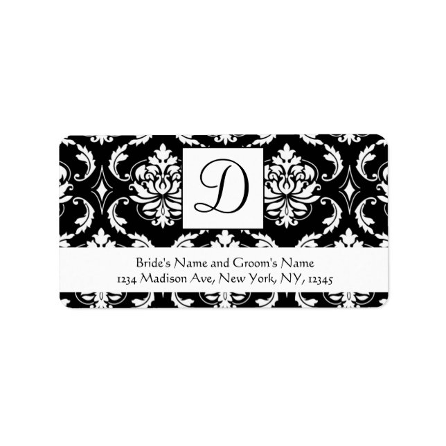 Black White Damask Monogram Bröllop Adressetikette Adressetikett (Framsidan)