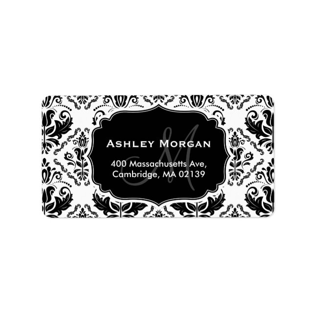 Black White Damask Monogram Namn, klassisk och Chi Adressetikett (Framsidan)