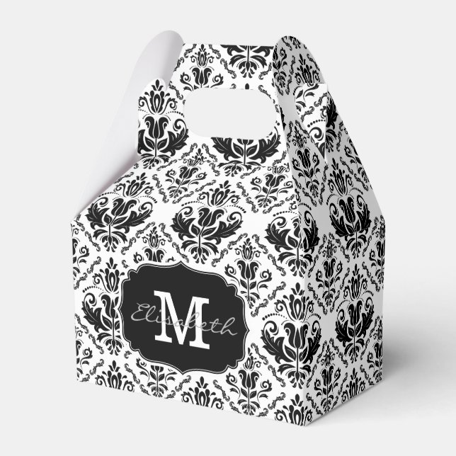 Black White Damask Monogram Namn, klassisk och Chi Presentaskar (Framsidan Sidan)