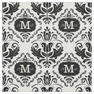 Black White Damask Monogram Namn, klassisk och Chi Tyg
