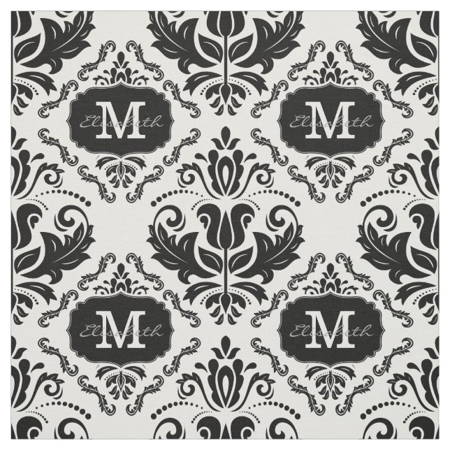 Black White Damask Monogram Namn, klassisk och Chi Tyg (Provkarta)