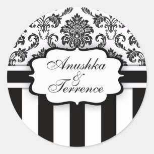 Black White Damask Rand Bröllop Sticker Runt Klistermärke