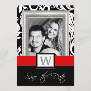 Black White Damask & Red Bröllop spara datum Datumet