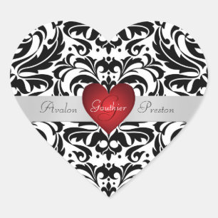 Black & White Damask Red Heart Bröllop Sticker Hjärtformat Klistermärke