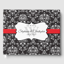 Black White Damask Red Rand Bröllop Guest Bok