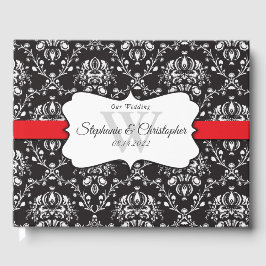 Black White Damask Red Rand Bröllop Guest Bok