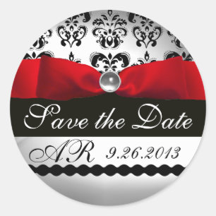 BLACK & WHITE DAMASK RED RIBBON MONOGRAM Gemstone Runt Klistermärke