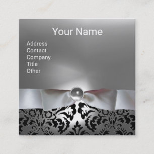 BLACK WHITE DAMASK RIBBON,GRÅTT GEMSTONE MONOGRAM FYRKANTIGT VISITKORT