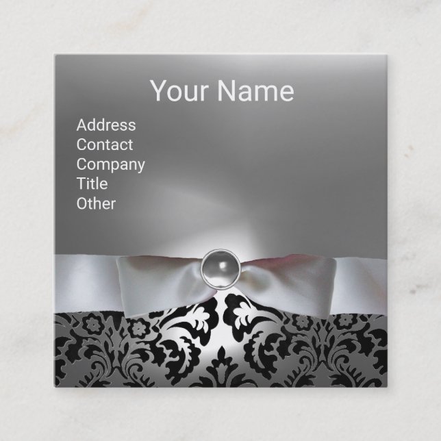 BLACK WHITE DAMASK RIBBON,GRÅTT GEMSTONE MONOGRAM FYRKANTIGT VISITKORT (Framsida)