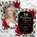 Black White Damask Röd ros Photo 50:e födelsedagen Inbjudningar<br><div class="desc">Femininininbjudan till elegantens blommigt på 50 års födelsedag med ditt foto på baksidan av kortet. Glam svartvit design med faux glitter guld. Innehåller svartvit dämpningsmönster, röd ros, skriptteckensnitt och kontur. Perfekt för en snyggt vuxen under firande party. Anpassa med dina egna detaljer. Kan anpassas för vilken ålder som helst! Skrivna...</div>