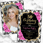 Black White Damask Rosa ros Photo 50:e födelsedage Inbjudningar<br><div class="desc">Femininininbjudan till elegantens blommigt på 50 års födelsedag med ditt foto på baksidan av kortet. Glam svartvit rosa design med faux glitter guld. Innehåller svartvit dämpningsmönster, rosa ros, skriptteckensnitt och kontur. Perfekt för en snyggt vuxen under firande party. Anpassa med dina egna detaljer. Kan anpassas för vilken ålder som helst!...</div>