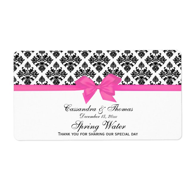 Black White Damask Shock rosa H Vattenflaska-etike Fraktsedel (Framsidan)