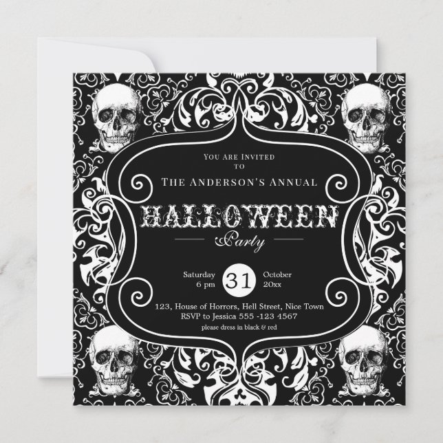 Black White Damask Skull Anpassningsbar Halloween  Inbjudningar (Framsida)