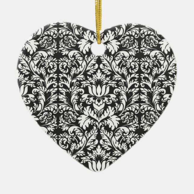 Black White Damask Snöre Brocade Julgransprydnad Keramik (Framsidan)