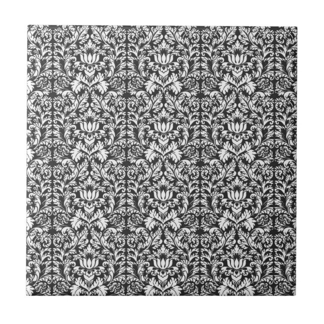 Black White Damask Snöre Brocade Kakelplatta (Framsidan)