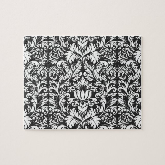 Black White Damask Snöre Brocade Pussel (Horisontell)