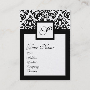 BLACK WHITE DAMASK SQUARE MONOGRAM, champagne meta Visitkort