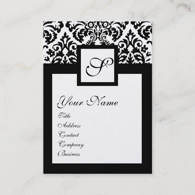 BLACK WHITE DAMASK SQUARE MONOGRAM, champagne meta Visitkort (Framsida)