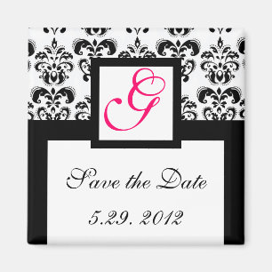 BLACK WHITE DAMASK SQUARE MONOGRAM Spara datum Magnet