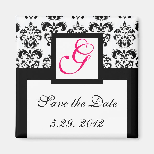 BLACK WHITE DAMASK SQUARE MONOGRAM Spara datum Magnet (Framsidan)