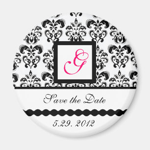 BLACK WHITE DAMASK SQUARE MONOGRAM Spara datum Magnet