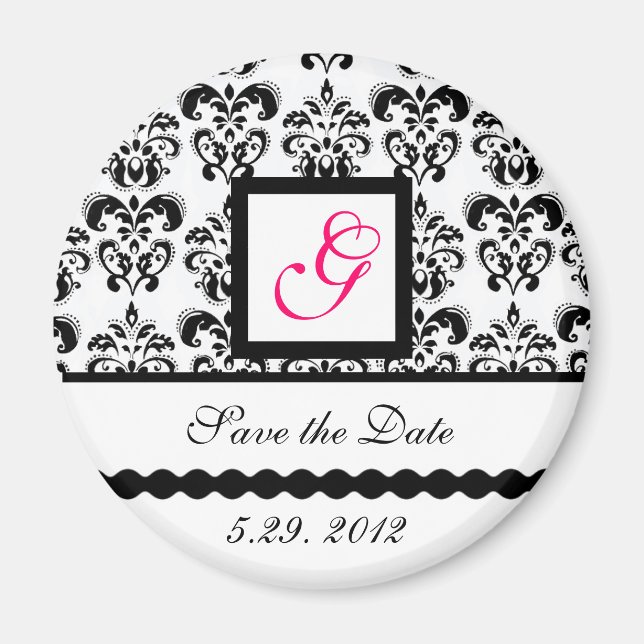 BLACK WHITE DAMASK SQUARE MONOGRAM Spara datum Magnet (Framsidan)