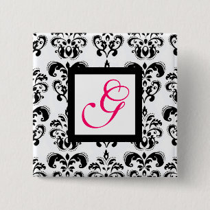 BLACK WHITE DAMASK SQUARE ROSA FUCHSIA MONOGRAM KNAPP