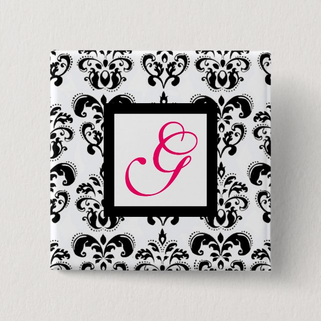BLACK WHITE DAMASK SQUARE ROSA FUCHSIA MONOGRAM KNAPP (Framsida)